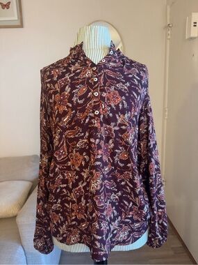 LOFT Burgundy Paisley Ruffle Neck Long Sleeve Blouse Size Medium